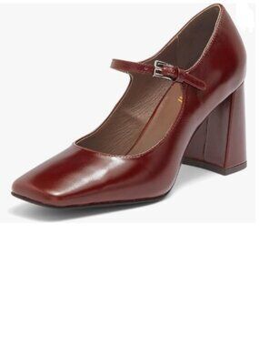 miss left Burgundy Cute Mary Janes Square Toe Block High Heel Ankle Strap Pumps